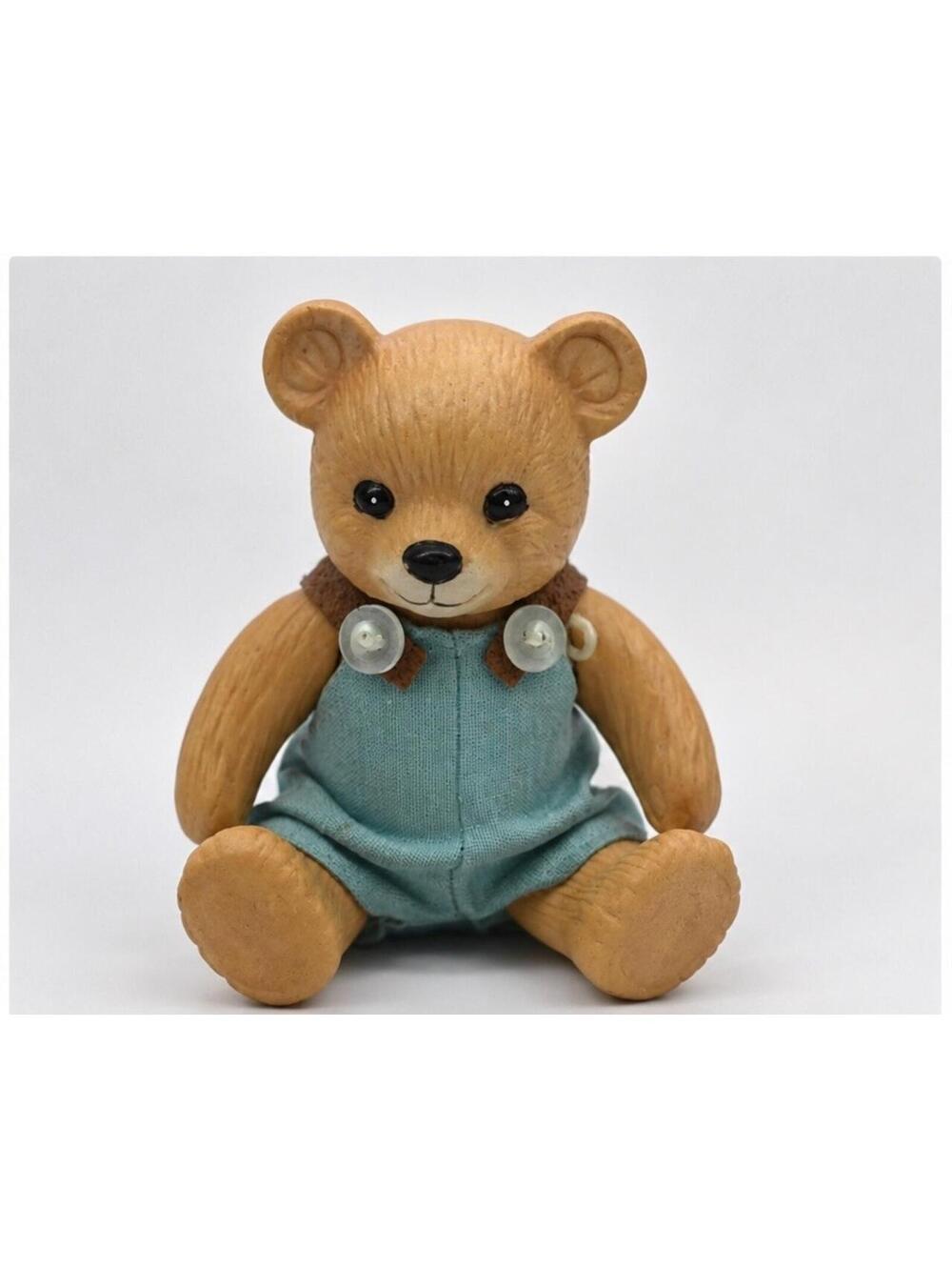 Vintage Homco Jointed Teddy Bear Figurine Blue Overalls Resin Collectible
